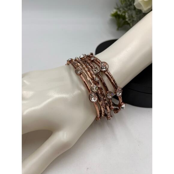 R. J. Graziano Vintage Rose Gold Tone Multi Shaped Rhinestone Set Seven Bangles - Picture 2 of 9